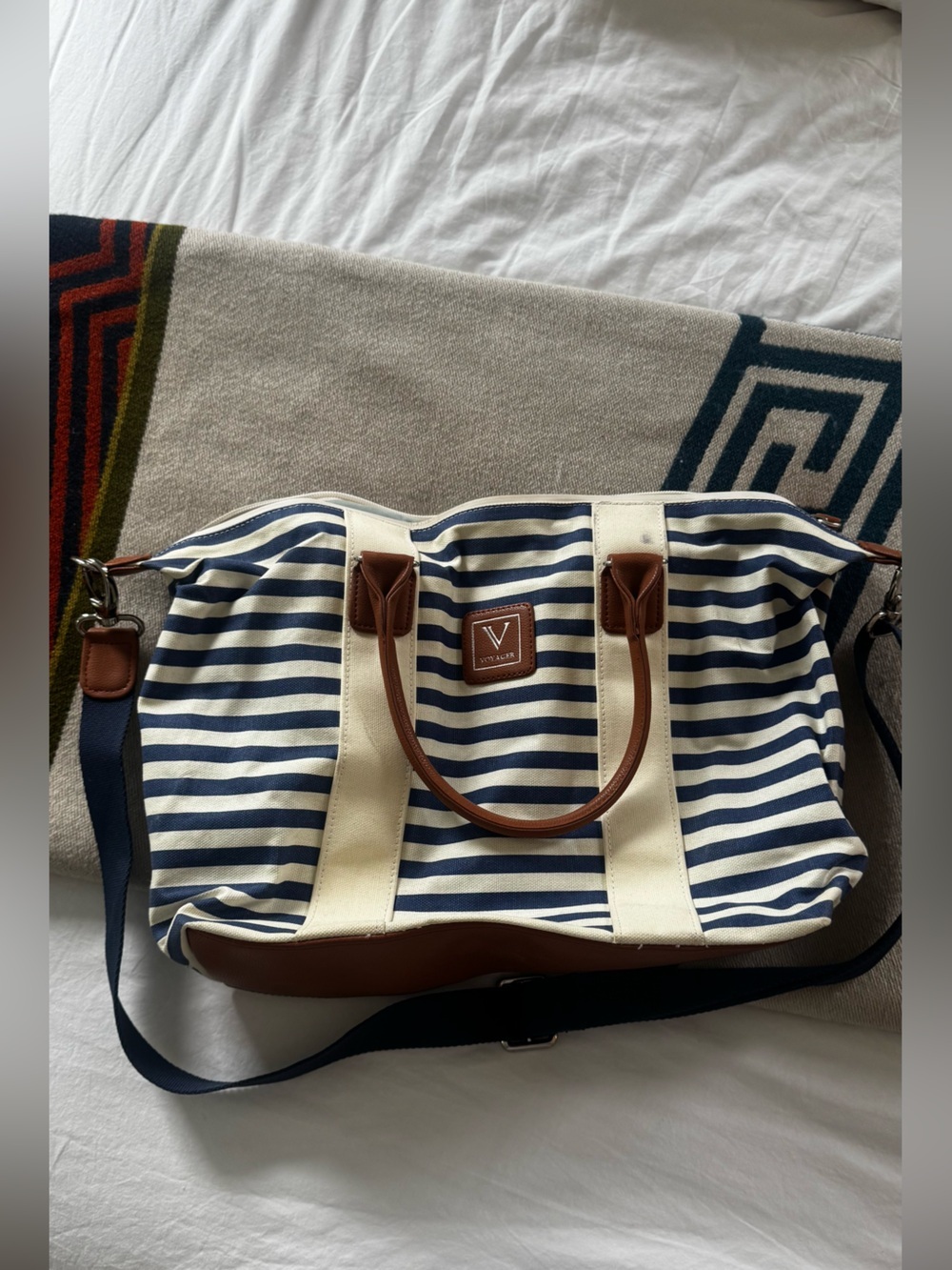 Navy Stripe Canvas Tote Bag with Brown Leather Trim - Picture 1 of 8
